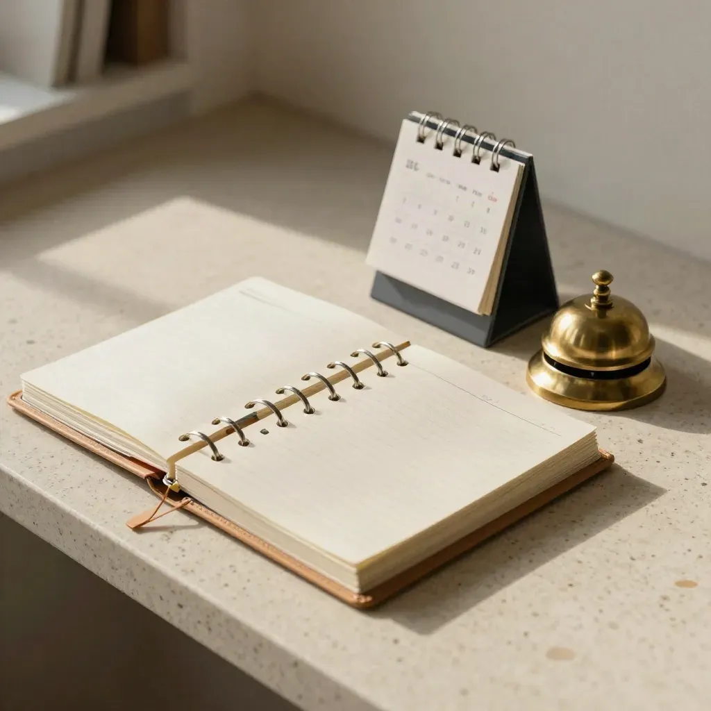 Planner ad anelli, cubo calendario e campanello in ottone su travertino chiaro, vista dall’alto.