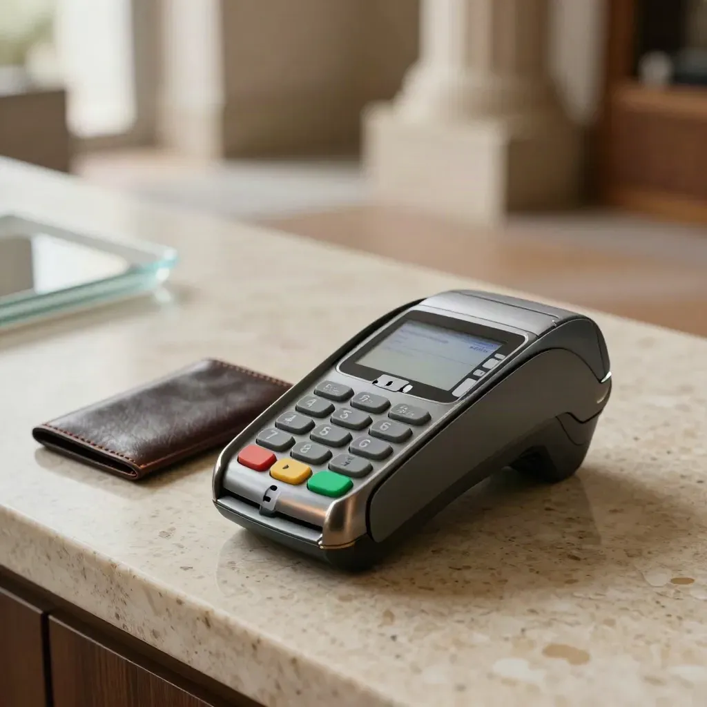Terminale contactless satinato con luce verde, vassoio in vetro opaco e custodia carta scura.