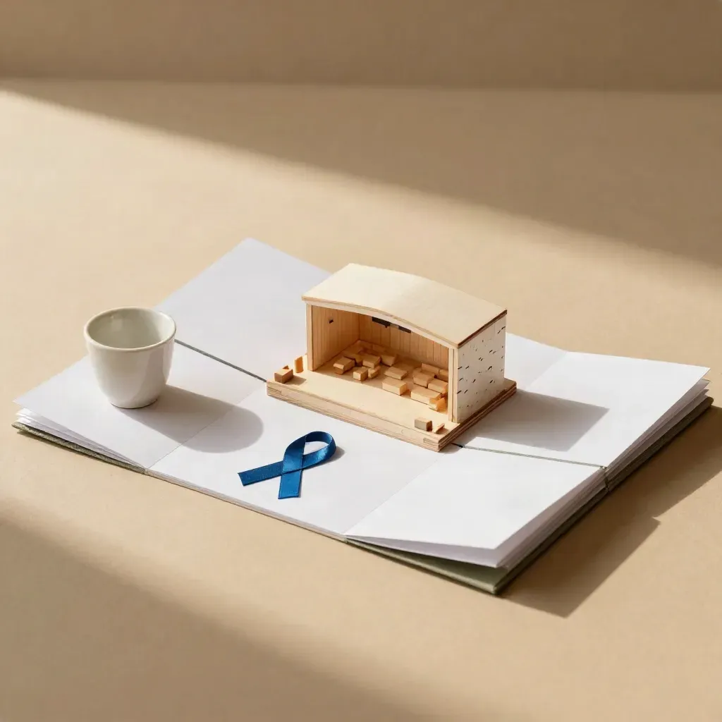 Kit di consulenza fondi con card bianche, modellino in legno di sala eventi e coppetta ceramica.