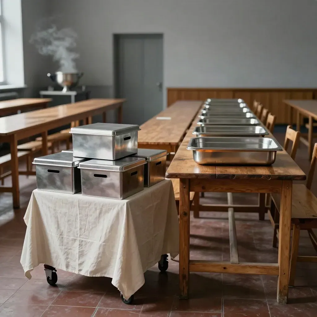 Sala sagra vuota con tavoli piegati, box donazioni e vassoi puliti in luce calda.