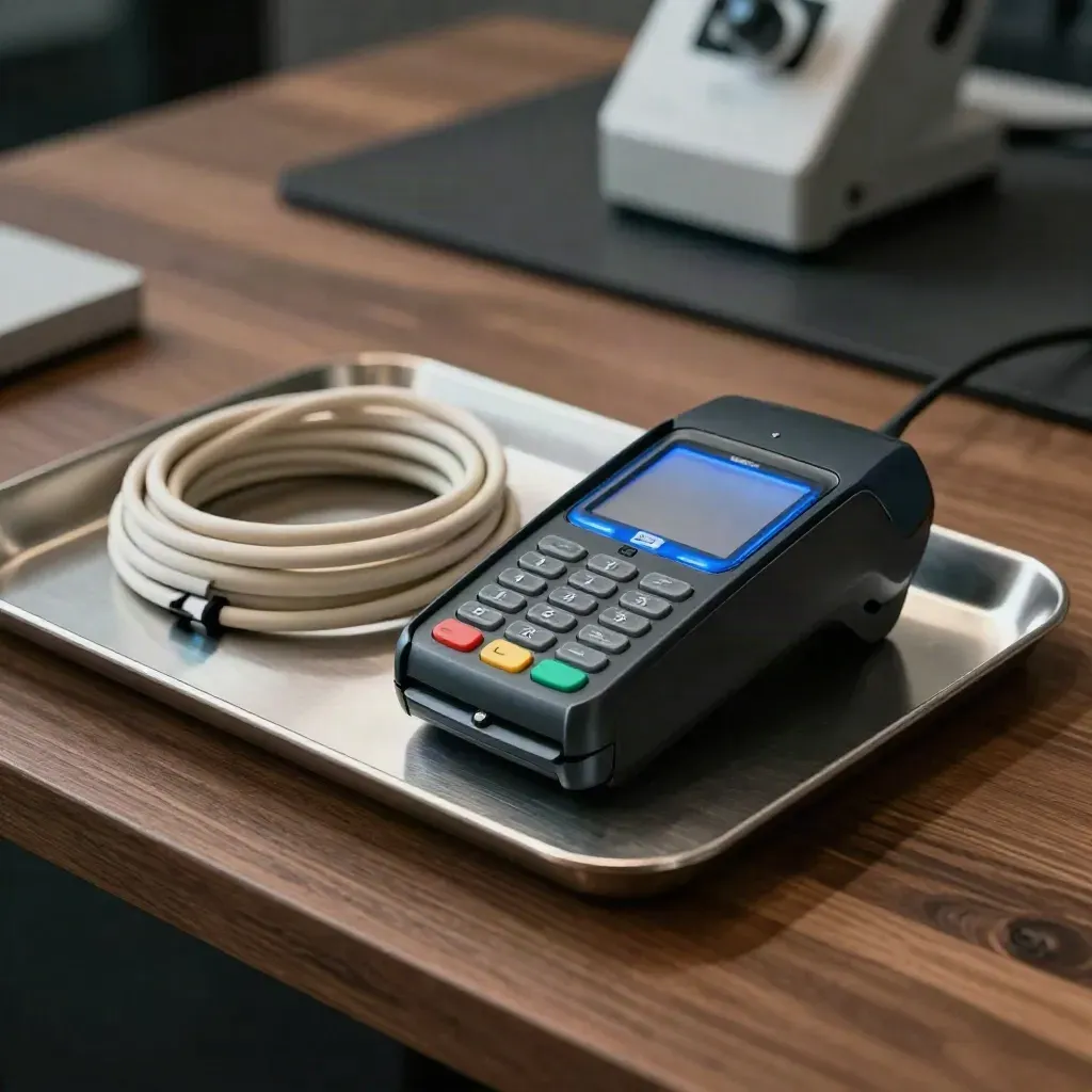 Terminale contactless con cavo e chip di calibrazione su vassoio metallico