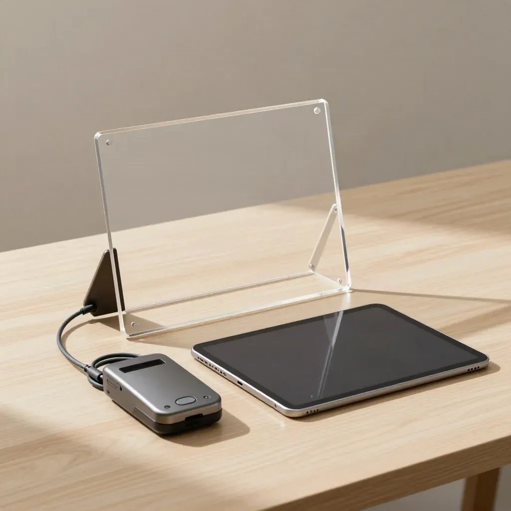 Cornice acrilica, tablet e lettore contactless su legno chiaro, scena tecnica minima.
