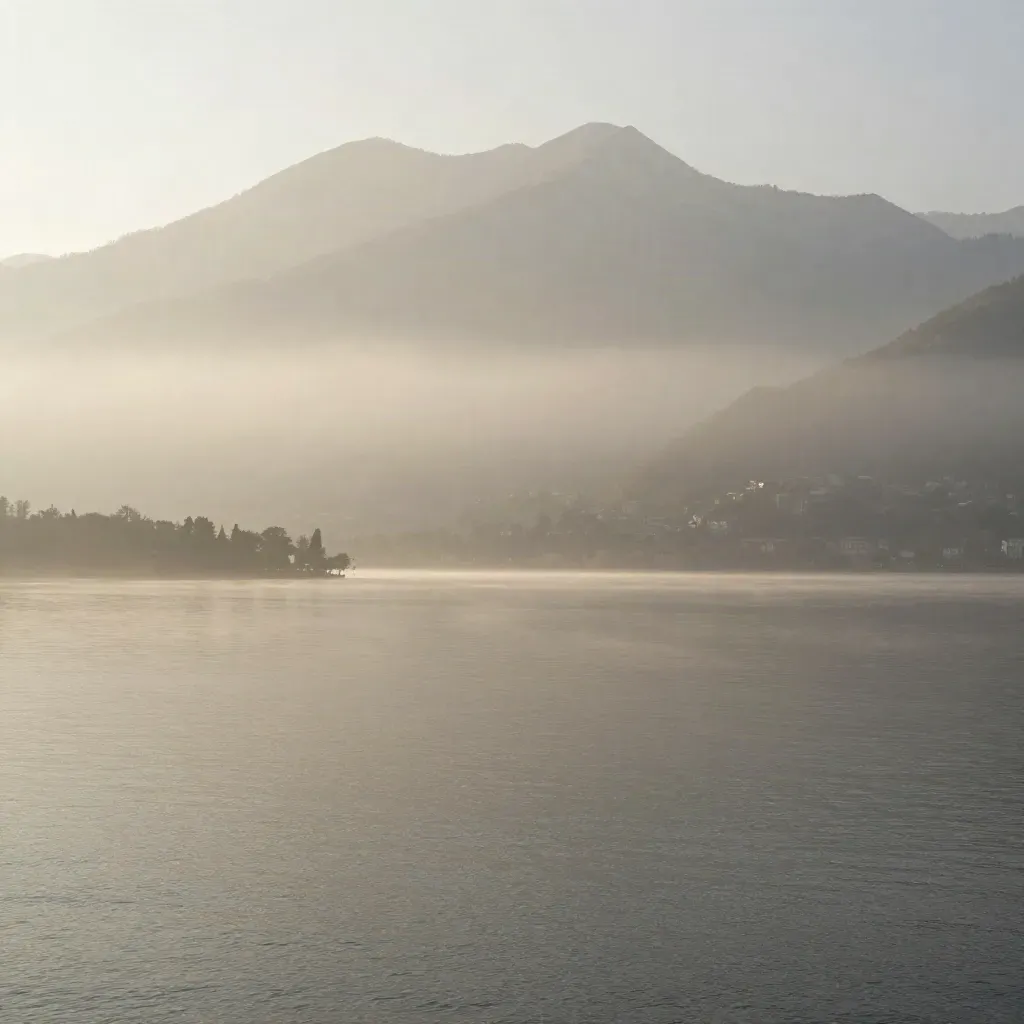 Lago di Como all’alba con nebbia sottile e profilo alpino sullo sfondo.