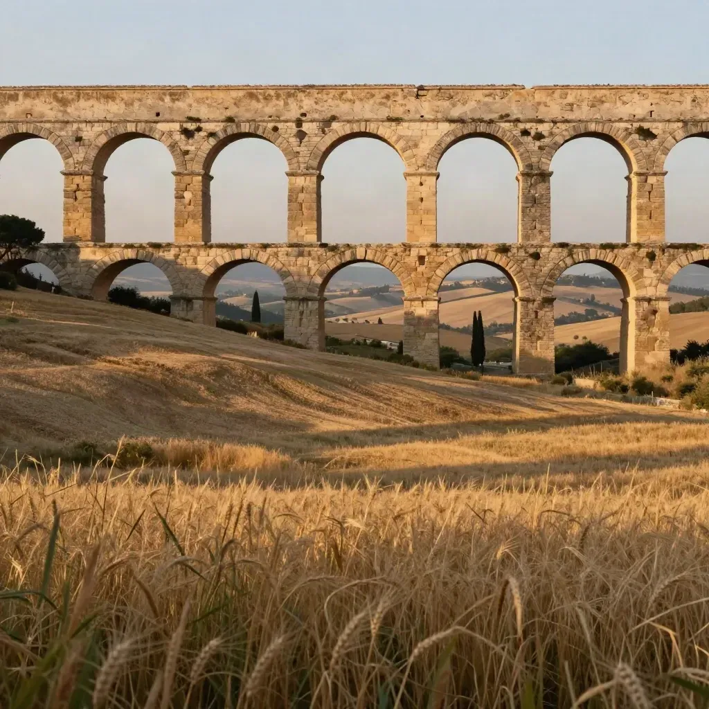 Acquedotto romano in pietra sopra la campagna laziale al tramonto, con ampio spazio calmo sotto.