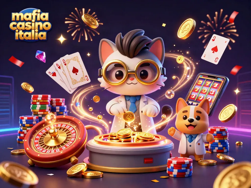 Experience the thrill of the mafia casino italia with lively characters amidst cascading coins and vibrant casino elements.